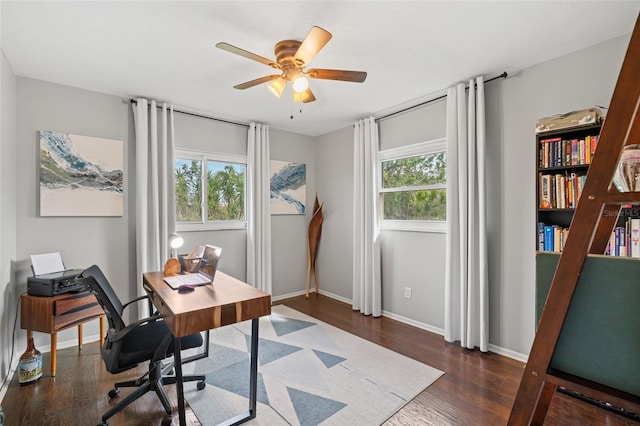 office space featuring ceiling fan and dark wood-type flooring