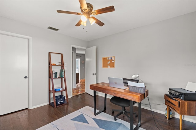 office area with ceiling fan and dark hardwood / wood-style flooring