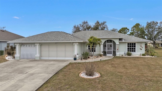 ranch-style house with a front yard and a garage