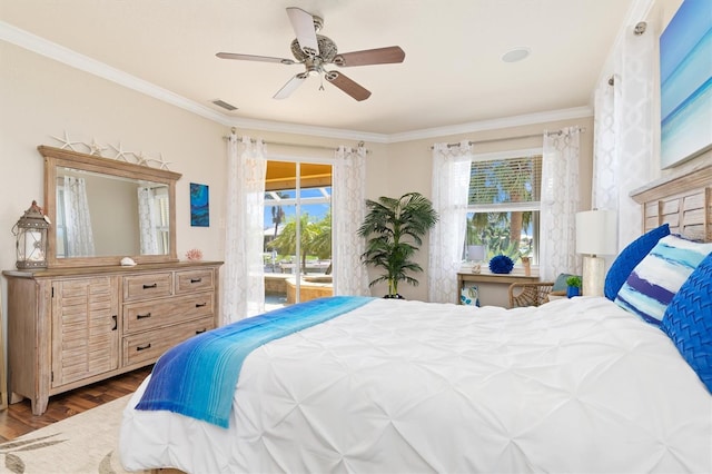 bedroom with access to outside, ceiling fan, ornamental molding, and wood-type flooring