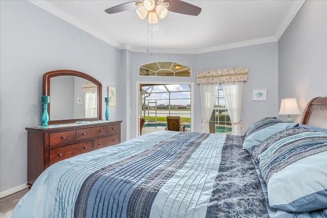 carpeted bedroom featuring ceiling fan, access to exterior, and crown molding