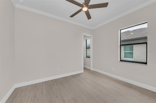 unfurnished room featuring ceiling fan, ornamental molding, and light hardwood / wood-style flooring