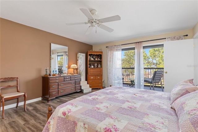 bedroom with ceiling fan, access to exterior, and dark hardwood / wood-style floors