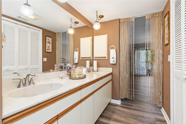 bathroom with wood-type flooring and vanity