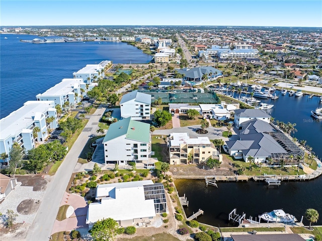 bird's eye view with a water view