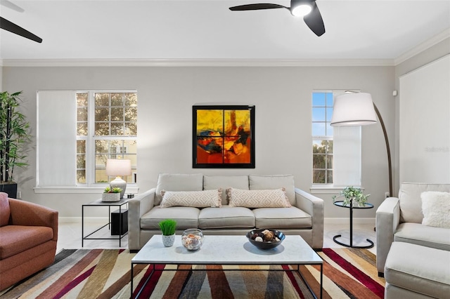 living room with crown molding and ceiling fan