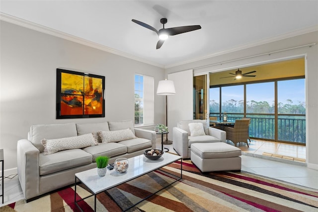 tiled living room featuring crown molding, plenty of natural light, and ceiling fan