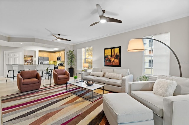 living room with ornamental molding