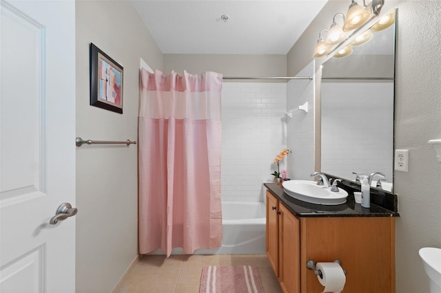 full bathroom featuring toilet, vanity, shower / bathtub combination with curtain, and tile patterned flooring