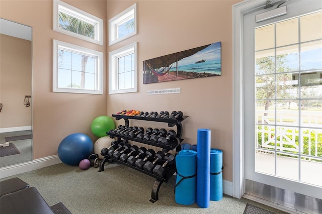 exercise room with carpet flooring and a wealth of natural light