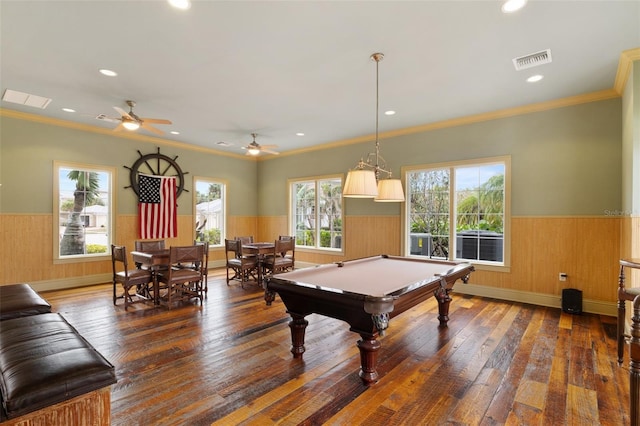 playroom with billiards, ornamental molding, and hardwood / wood-style floors