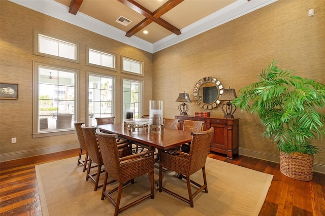 dining room with coffered ceiling, beam ceiling, and dark hardwood / wood-style flooring