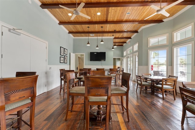 dining space featuring dark hardwood / wood-style floors, a towering ceiling, beamed ceiling, ceiling fan, and wood ceiling