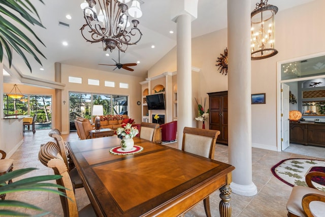 dining space featuring decorative columns, ceiling fan, light tile patterned flooring, high vaulted ceiling, and built in shelves