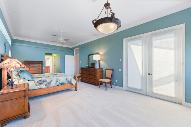 carpeted bedroom featuring ceiling fan, access to exterior, and ornamental molding