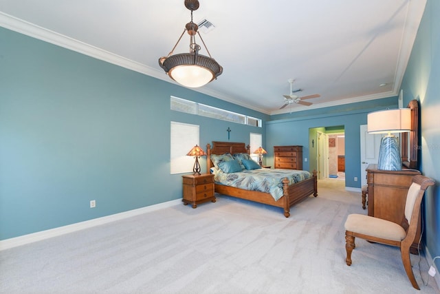 bedroom featuring ceiling fan, light colored carpet, and ornamental molding