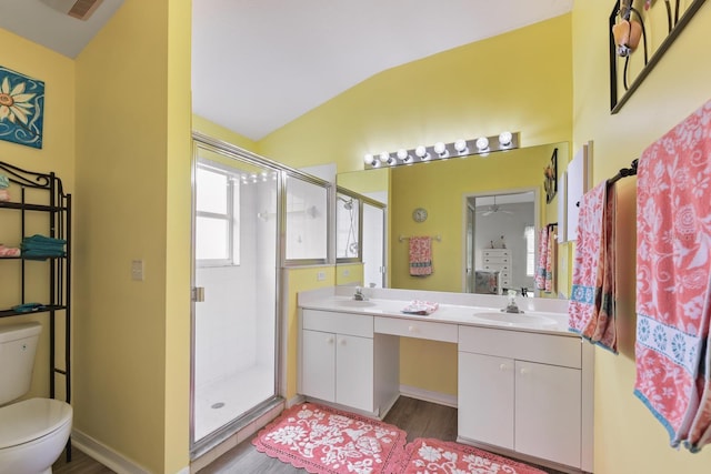 bathroom with lofted ceiling, vanity, toilet, hardwood / wood-style flooring, and an enclosed shower