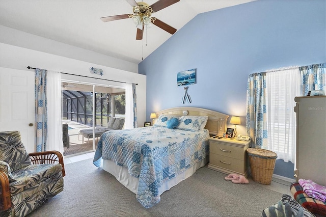 carpeted bedroom with ceiling fan, access to exterior, and high vaulted ceiling