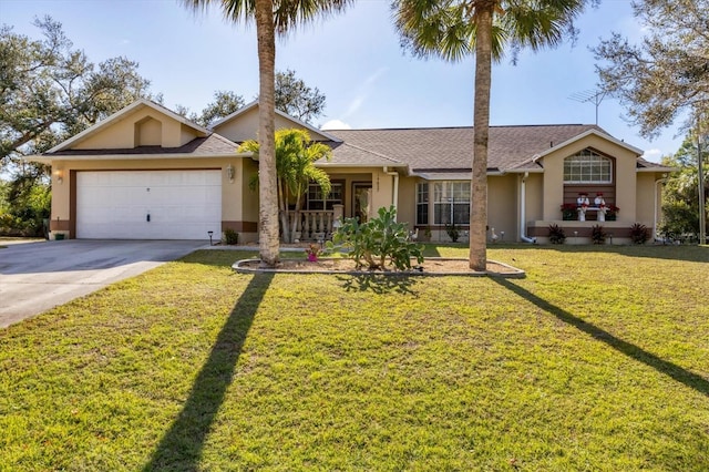 ranch-style home featuring a garage, a front lawn, and covered porch