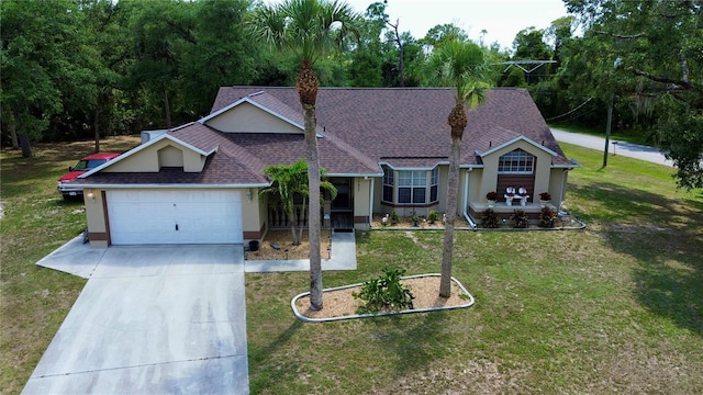 14057 Maxwell Ave, Port Charlotte, FL 33953 - ranch-style house featuring concrete driveway, a garage, a front yard, roof with shingles, and stucco siding