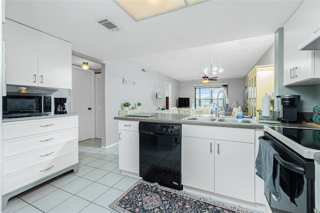 kitchen with white cabinetry, sink, black appliances, and ceiling fan