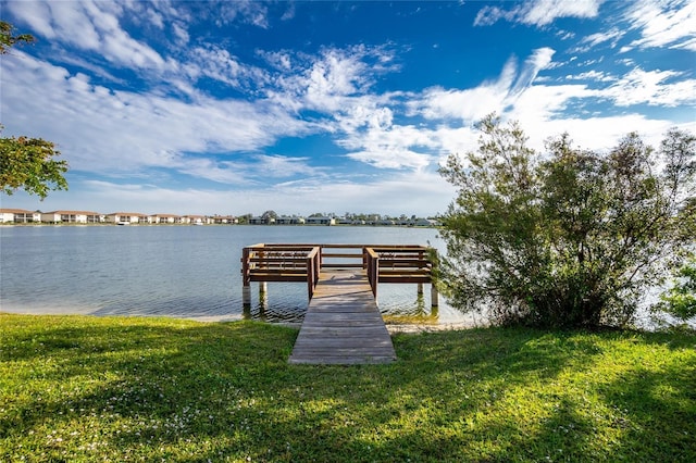 dock area with a water view and a yard