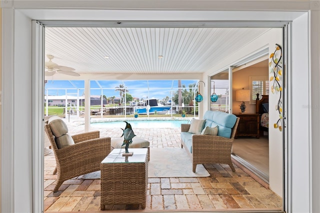 view of patio / terrace with a lanai and outdoor lounge area