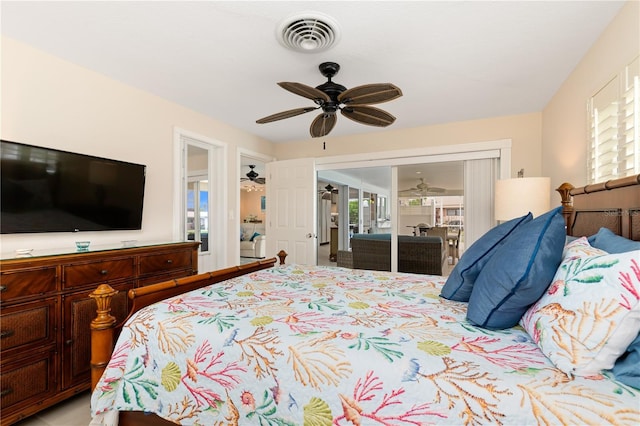 bedroom with ceiling fan, a closet, and multiple windows