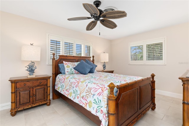 bedroom featuring ceiling fan and multiple windows