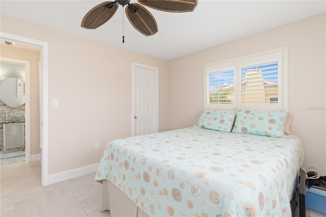 bedroom with ceiling fan and light tile patterned floors