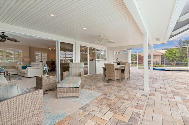 view of patio featuring ceiling fan and an outdoor hangout area