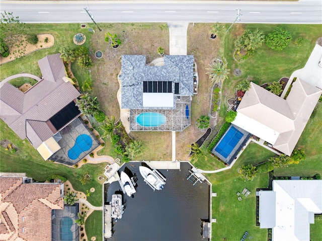 aerial view featuring a water view