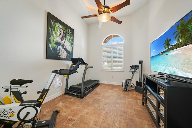 workout room featuring ceiling fan