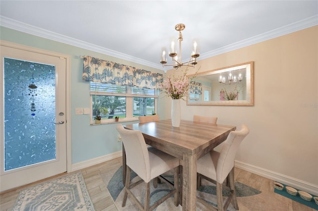 dining room featuring an inviting chandelier, crown molding, and wood-type flooring