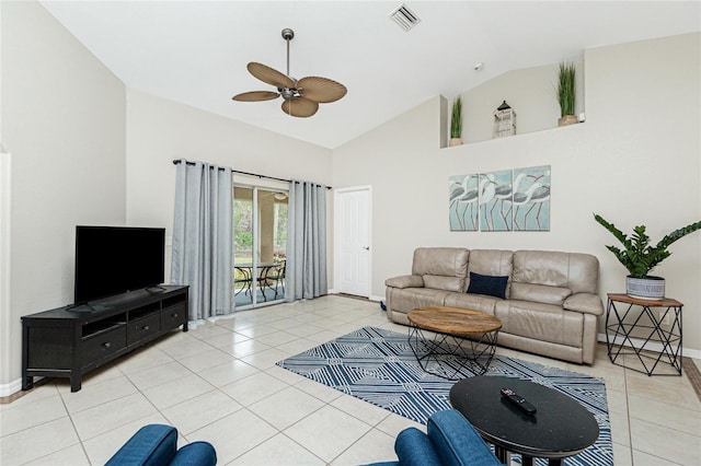 living room featuring ceiling fan, light tile patterned floors, and high vaulted ceiling