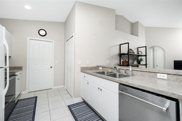 kitchen with light tile patterned floors, white cabinetry, sink, dishwasher, and black / electric stove