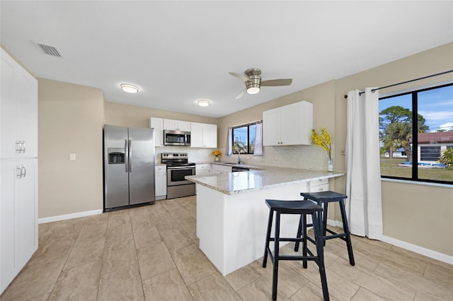 kitchen featuring a kitchen bar, sink, white cabinetry, kitchen peninsula, and stainless steel appliances