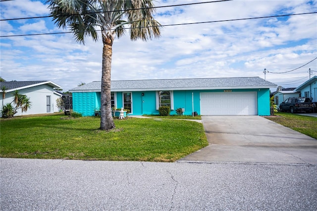 ranch-style home with a front lawn and a garage