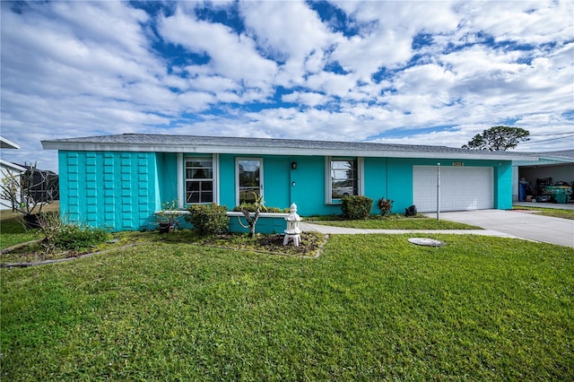 ranch-style house with a front lawn and a garage