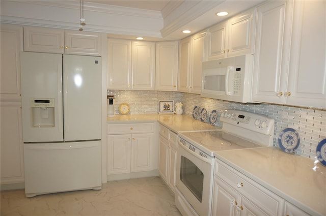 kitchen with white cabinetry, white appliances, and crown molding