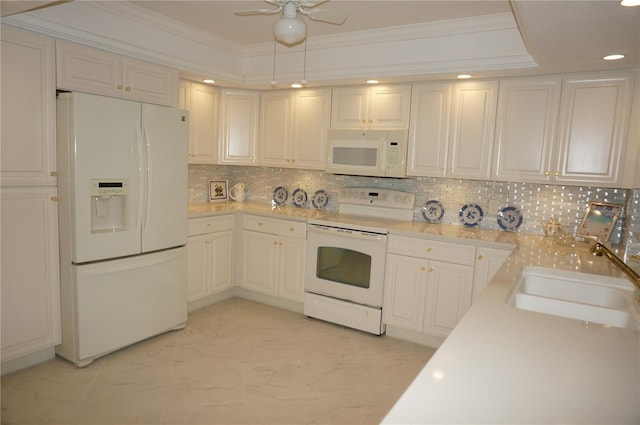 kitchen with white cabinetry, ceiling fan, backsplash, white appliances, and sink