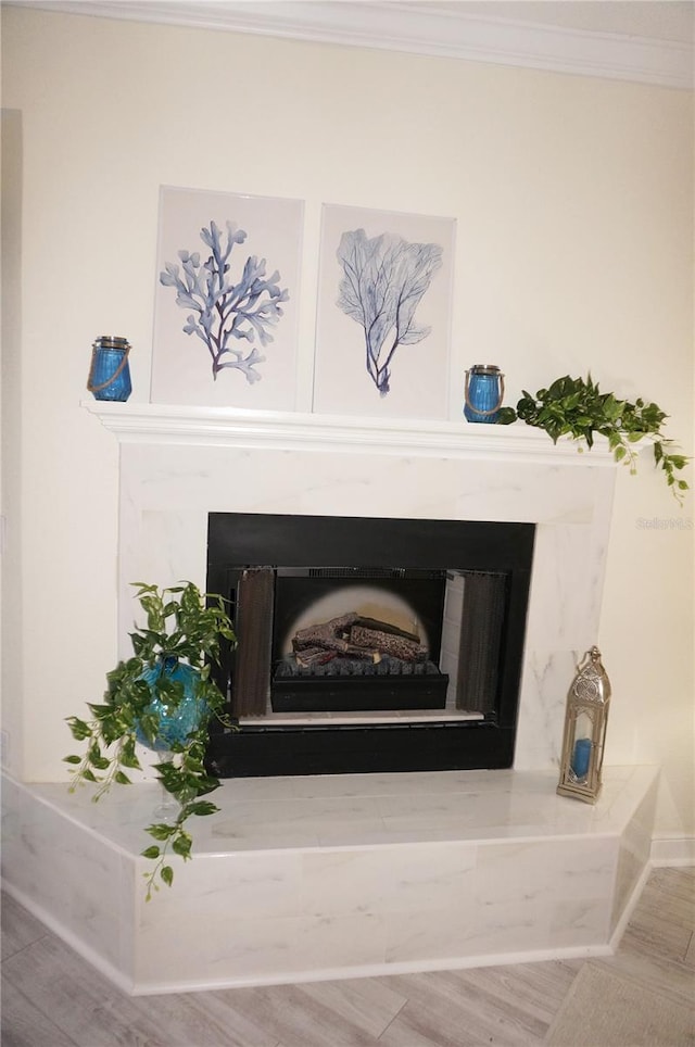 room details with ornamental molding and hardwood / wood-style floors