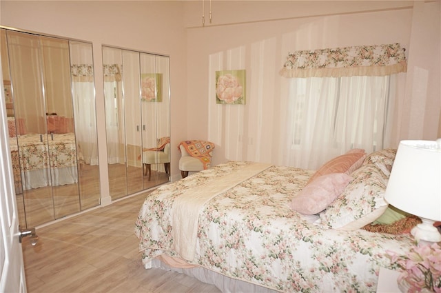 bedroom with hardwood / wood-style flooring and multiple closets