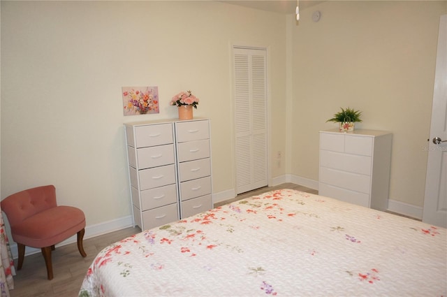 bedroom with hardwood / wood-style floors and a closet