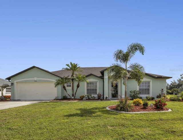 ranch-style home featuring a front yard and a garage