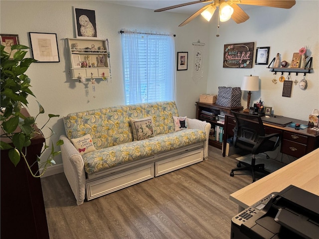 office featuring hardwood / wood-style flooring and ceiling fan