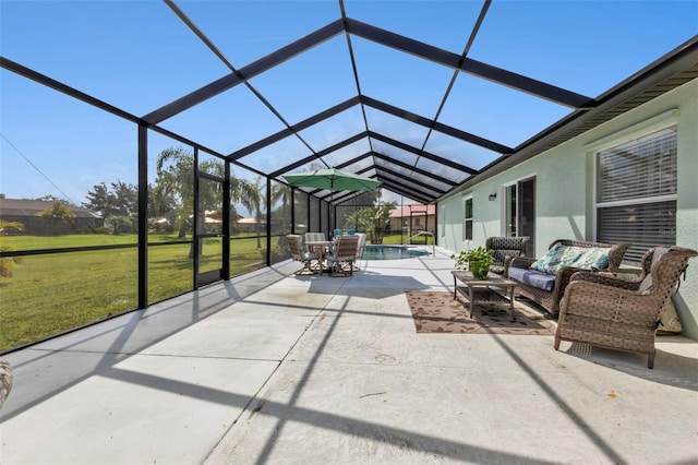 view of patio featuring a lanai and an outdoor hangout area