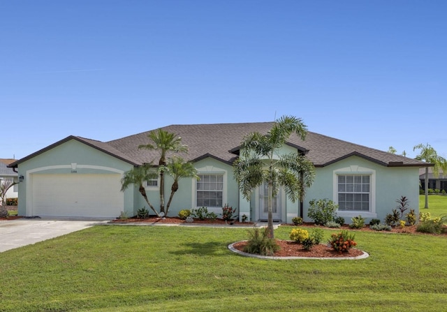 ranch-style home with a front yard and a garage