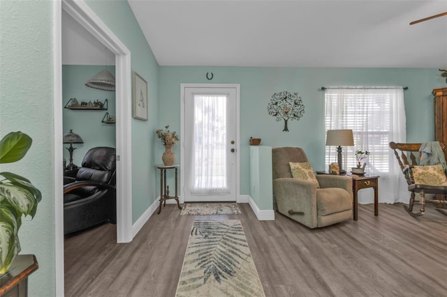 foyer featuring ceiling fan, a healthy amount of sunlight, and light hardwood / wood-style flooring