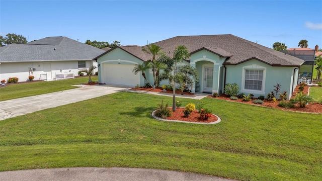 ranch-style house featuring a front lawn and a garage